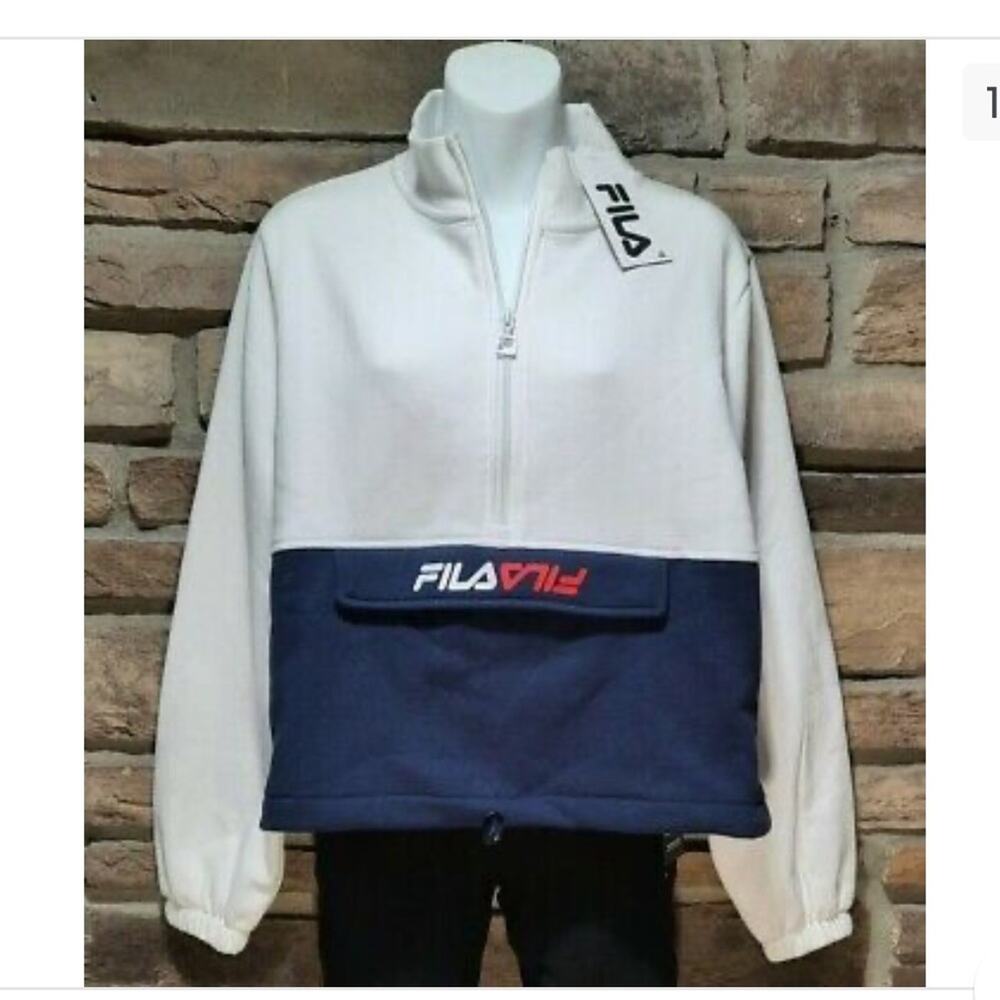 0348 NWT FILA Women's Half Zip Pullover Sweatshirt Colorblock White Blue Fleece - Picture 2 of 13